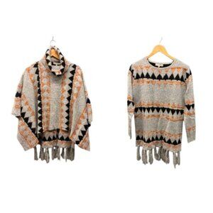 Young Threads NYC Sweater Set Womenโs Gray Mock Neck Poncho Knit Cozyโ Style L S